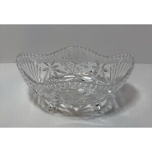 VTG Crystal Clear Cut Glass Footed Fruit / Candy / Trinket Bowl  W/ Roses & Star